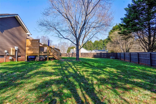 view of yard featuring a fenced backyard and stairway