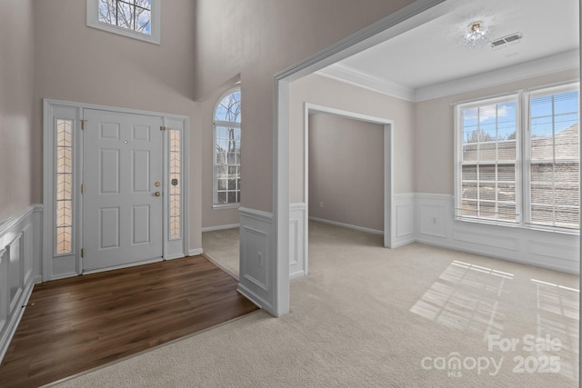 carpeted entrance foyer featuring a wainscoted wall, plenty of natural light, and a decorative wall