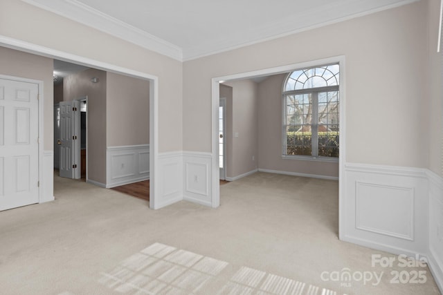 spare room featuring a wainscoted wall, light colored carpet, and crown molding