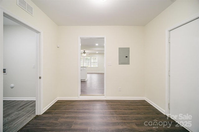 interior space featuring dark wood-style floors, baseboards, electric panel, and visible vents