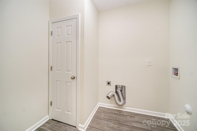 laundry room featuring laundry area, washer hookup, wood finish floors, baseboards, and electric dryer hookup