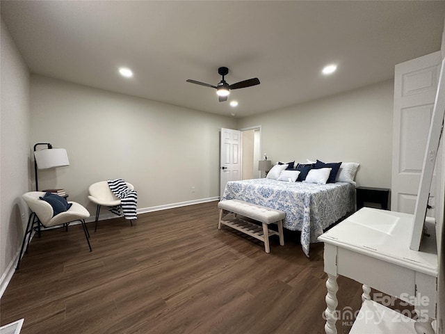 bedroom featuring dark wood-style floors, visible vents, and recessed lighting