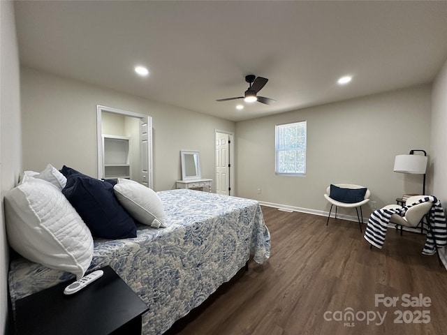 bedroom with ceiling fan, baseboards, dark wood finished floors, and recessed lighting