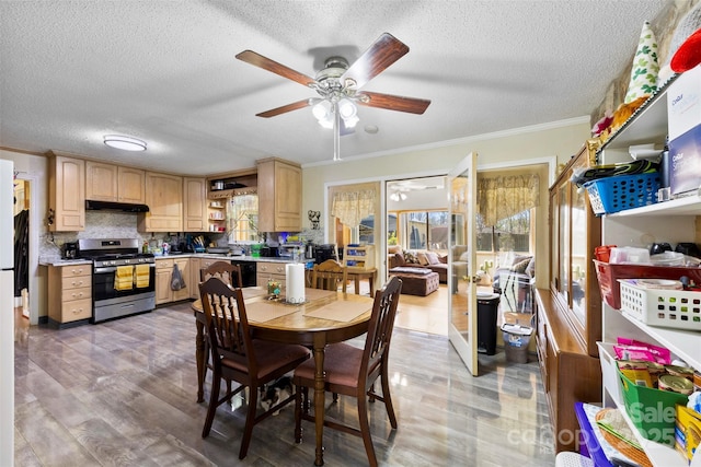 4937 Lebanon Dr Unit 1, Charlotte, NC 28273 - dining space featuring a textured ceiling, ceiling fan, crown molding, and light wood finished floors