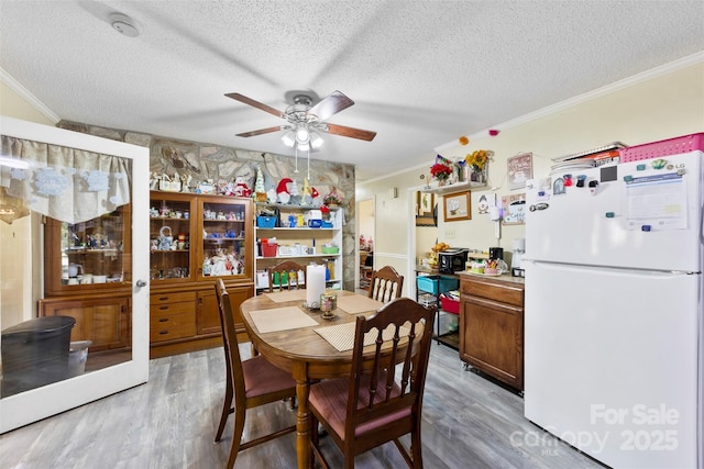 4937 Lebanon Dr Unit 1, Charlotte, NC 28273 - dining area with ornamental molding, a textured ceiling, light wood-style flooring, and a ceiling fan