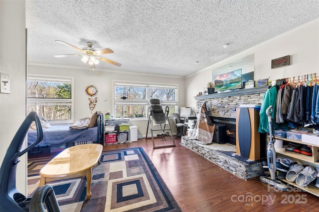 4937 Lebanon Dr Unit 1, Charlotte, NC 28273 - living room with wood finished floors, plenty of natural light, crown molding, a fireplace, and a ceiling fan