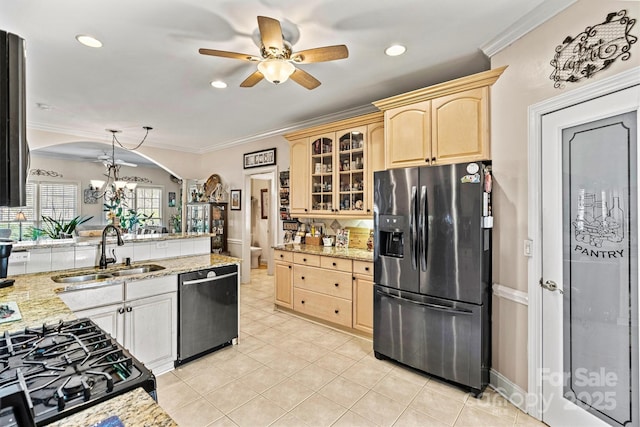 kitchen featuring crown molding, light brown cabinetry, a sink, dishwasher, and stainless steel fridge with ice dispenser