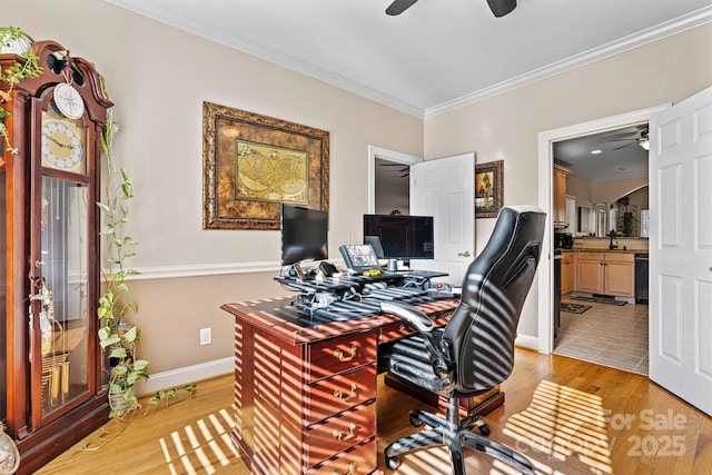 office area featuring a ceiling fan, light wood-style floors, and crown molding