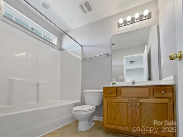 bathroom featuring toilet, bathtub / shower combination, visible vents, and vanity