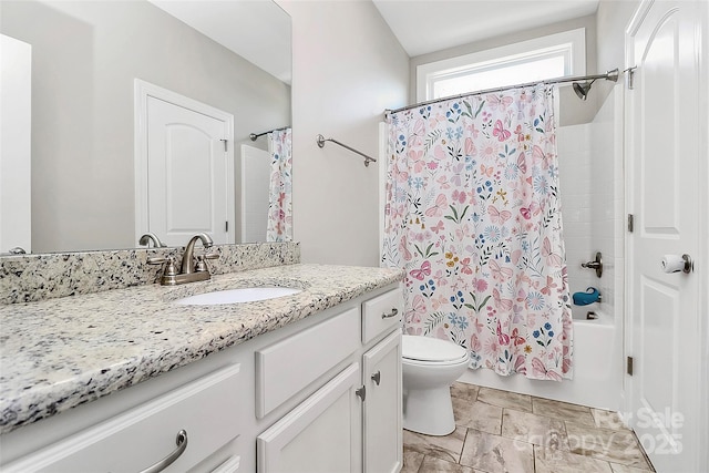 full bath featuring toilet, shower / tub combo, and vanity