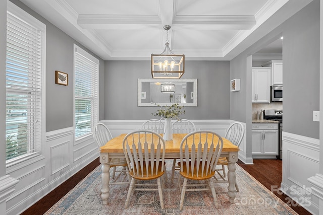 dining room with coffered ceiling, dark wood-style floors, beamed ceiling, an inviting chandelier, and crown molding