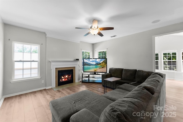 329 Squirrel Ln, Clover, SC 29710 - living room featuring a fireplace with flush hearth, a ceiling fan, healthy amount of natural light, and wood finished floors