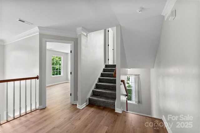 329 Squirrel Ln, Clover, SC 29710 - stairs featuring wood finished floors and ornamental molding