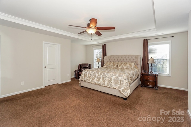 bedroom with a tray ceiling, carpet, and baseboards