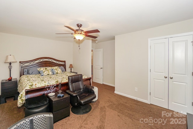 bedroom with carpet, baseboards, ceiling fan, and a closet