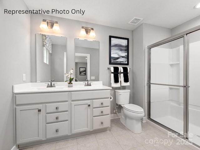 full bath with visible vents, a sink, a shower stall, and toilet