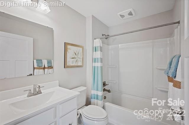 full bath featuring toilet, visible vents, shower / bath combination with curtain, and vanity