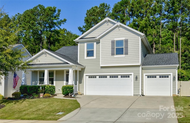 view of front facade with a shingled roof, concrete driveway, an attached garage, covered porch, and a front lawn