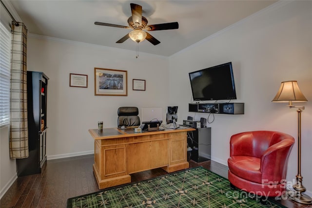 home office with baseboards, ornamental molding, ceiling fan, and dark wood-type flooring