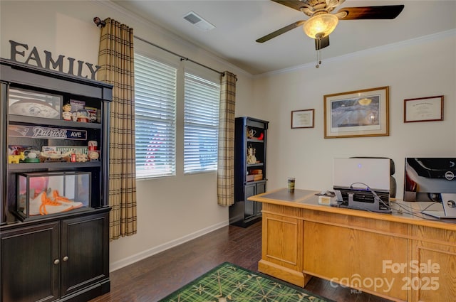 office area featuring a ceiling fan, baseboards, visible vents, dark wood finished floors, and crown molding