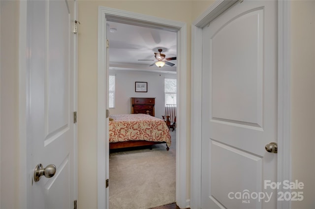 carpeted bedroom with ceiling fan