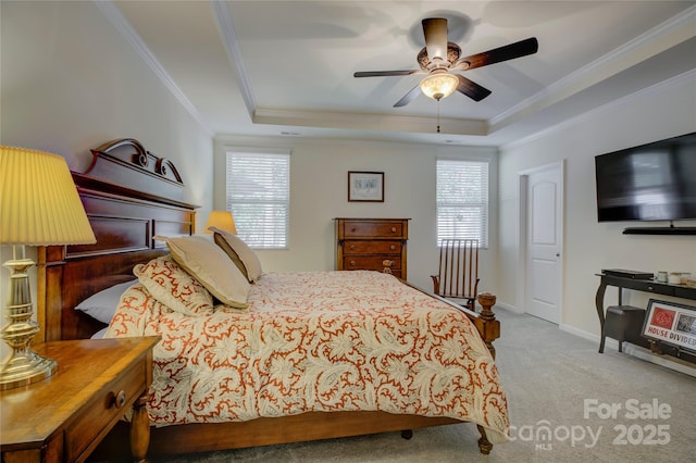 bedroom featuring a raised ceiling, multiple windows, and crown molding