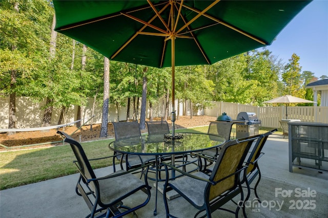 view of patio with outdoor dining space, a fenced backyard, and a grill