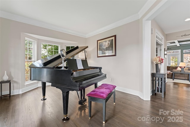 living area featuring crown molding, baseboards, and wood finished floors