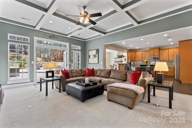 living room with crown molding, recessed lighting, visible vents, coffered ceiling, and beamed ceiling