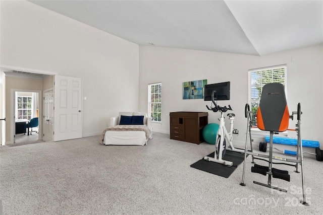 workout area with carpet floors, high vaulted ceiling, visible vents, and baseboards