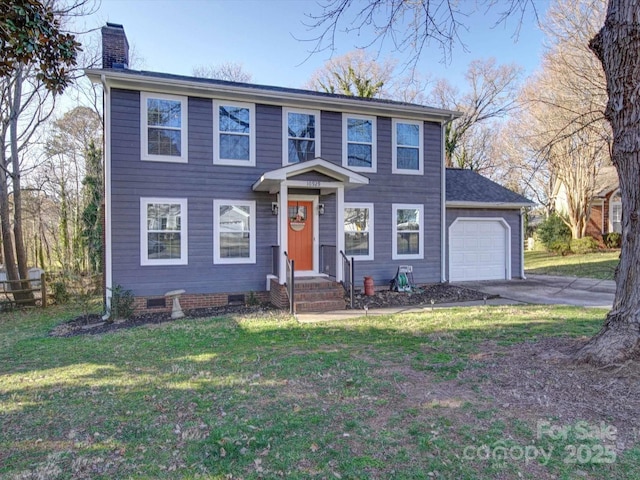 colonial inspired home with a garage, driveway, crawl space, a front lawn, and a chimney