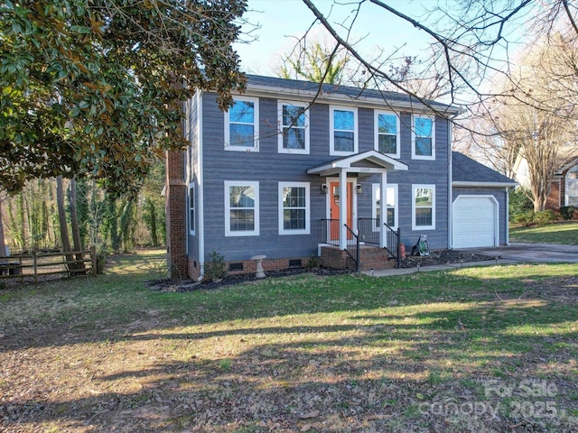 view of front facade featuring concrete driveway, an attached garage, a front yard, crawl space, and fence