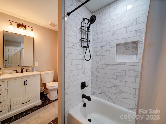 full bath featuring visible vents, vanity, toilet, and shower / bathtub combination with curtain