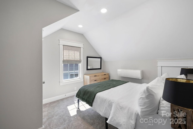 carpeted bedroom with recessed lighting, baseboards, and vaulted ceiling