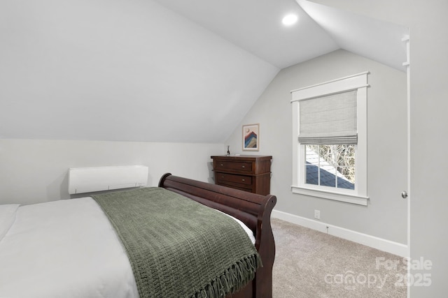 bedroom featuring lofted ceiling, recessed lighting, carpet, and baseboards