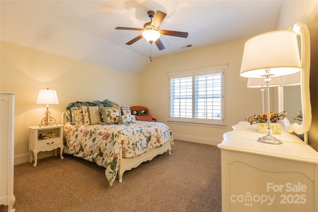 bedroom featuring vaulted ceiling, carpet, visible vents, and baseboards