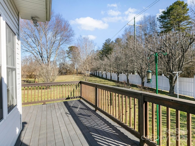 wooden deck featuring a yard and fence