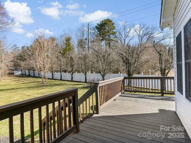 wooden terrace with a yard and a fenced backyard