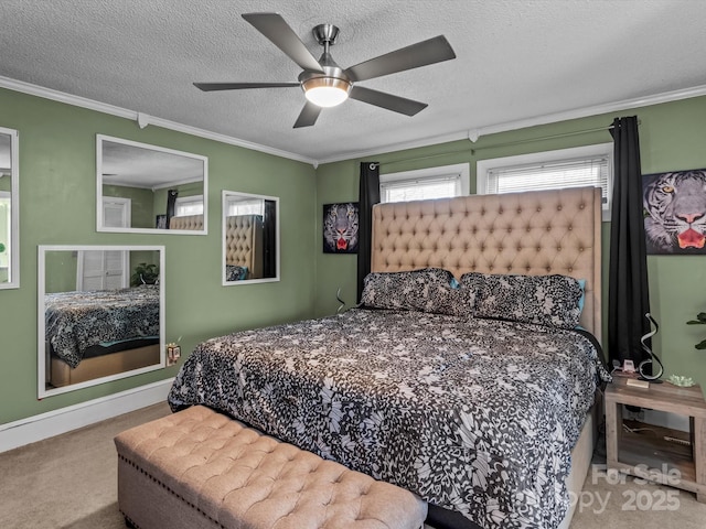 bedroom with crown molding, a textured ceiling, and carpet flooring