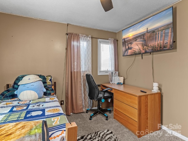 carpeted bedroom with a textured ceiling