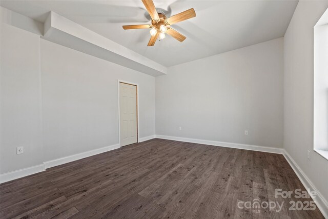 13701 Petworth Ct, Charlotte, NC 28278 - empty room with dark wood finished floors, a ceiling fan, and baseboards