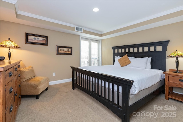 carpeted bedroom featuring recessed lighting, visible vents, crown molding, and baseboards