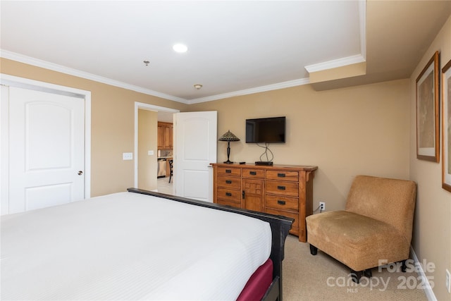 carpeted bedroom featuring recessed lighting and crown molding