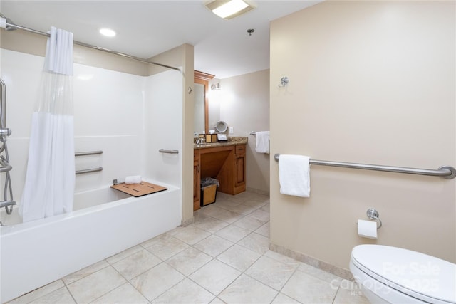 full bathroom featuring shower / tub combo with curtain, vanity, toilet, and tile patterned floors