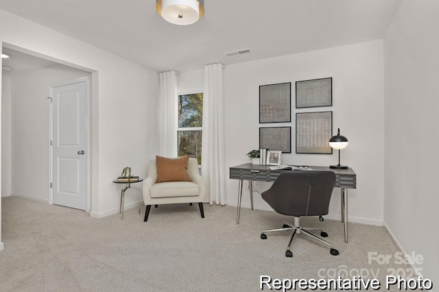 home office with light colored carpet, visible vents, and baseboards