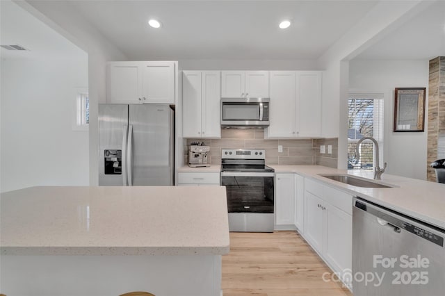 kitchen with light wood-style flooring, a sink, white cabinetry, appliances with stainless steel finishes, and decorative backsplash