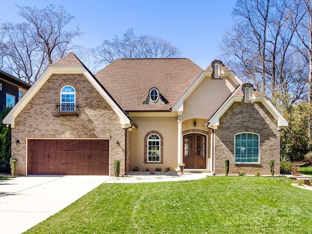 view of front facade with a garage, brick siding, driveway, stucco siding, and a front yard