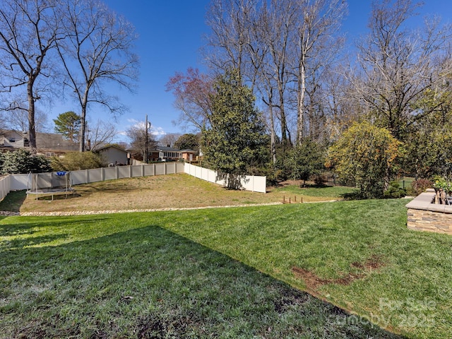 view of yard featuring a trampoline and a fenced backyard