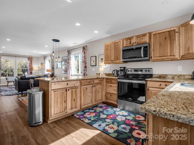 kitchen with a peninsula, appliances with stainless steel finishes, open floor plan, and dark wood-style flooring