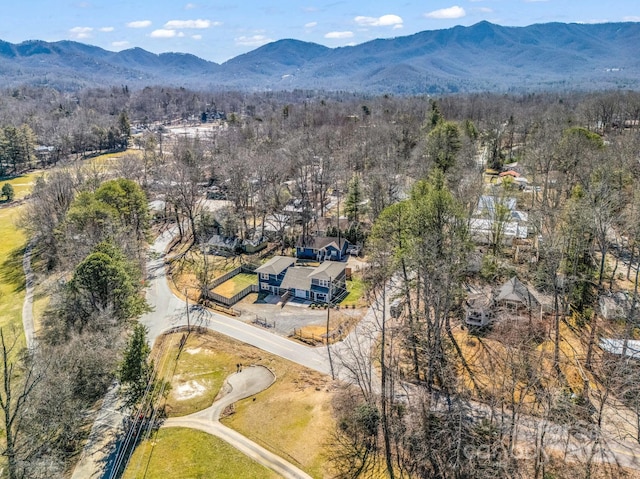 birds eye view of property featuring a mountain view and a wooded view